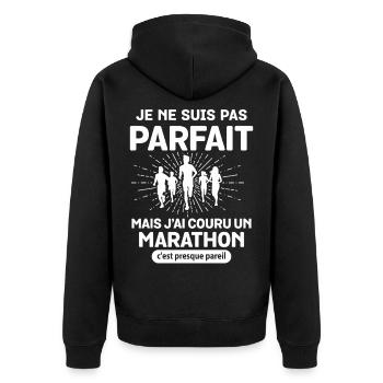 Nicht perfekt, aber ich bin einen Humor-Marathon gelaufen - Unisex Premium Bio Zip Hoodie - Schwarz - Hinten - Nico (187cm)