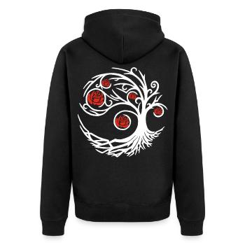 Stilisierter weißer Baum und rote Rosen - Unisex Premium Bio Zip Hoodie - Schwarz - Hinten - Nico (187cm)