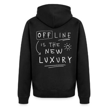 Offline is the new luxury Statement minimalistisch - Unisex Premium Bio Zip Hoodie - Schwarz - Hinten - Nico (187cm)