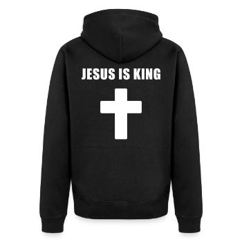 Jesus Is King Minimal Cross Design - Unisex Premium Bio Zip Hoodie - Schwarz - Hinten - Nico (187cm)