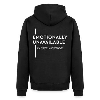 Emotionally Unavailable – Meme Trend Typo Spruch - Unisex Premium Bio Zip Hoodie - Schwarz - Hinten - Nico (187cm)