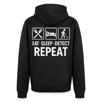 Essen, schlafen, erkennen, wiederholen, Metalldetektor – Spaß - Unisex Premium Bio Zip Hoodie - Schwarz - Hinten - Nico (187cm)