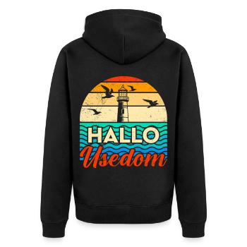 Urlaub auf Usedom Ostsee HALLO USEDOM Lustig - Unisex Premium Bio Zip Hoodie - Schwarz - Hinten - Nico (187cm)