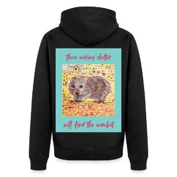 Wombat Zuflucht im Wald - Unisex Premium Bio Zip Hoodie - Schwarz - Hinten - Nico (187cm)