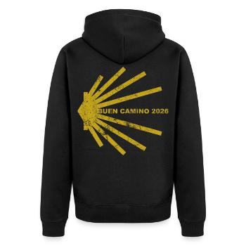 Buen Camino 2026 | Jakobsweg, Pilger, Santiago - Unisex Premium Bio Zip Hoodie - Schwarz - Hinten - Nico (187cm)