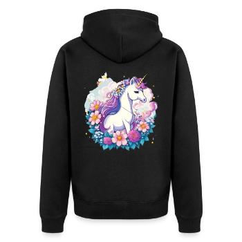 Frühlings-Einhorn mit Blumenkranz - Unisex Premium Bio Zip Hoodie - Schwarz - Hinten - Nico (187cm)