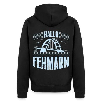 Fehmarn Souvenier HALLO FEHMARN Ostsee Lustig - Unisex Premium Bio Zip Hoodie - Schwarz - Hinten - Nico (187cm)