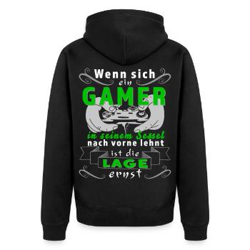 Lustiges Gamer Design: Die Lage ist ernst - Unisex Premium Bio Zip Hoodie - Schwarz - Hinten - Nico (187cm)