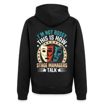 Professioneller Backstage-Manager Theatercrew Bühne - Unisex Premium Bio Zip Hoodie - Schwarz - Hinten - Nico (187cm)