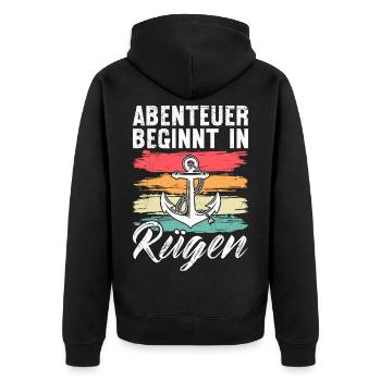 Baltic Sea ADVENTURE BEGINS IN RÜGEN Retro Funny - Unisex Premium Organic Zip Hoodie - black - Back - Nico (187cm)