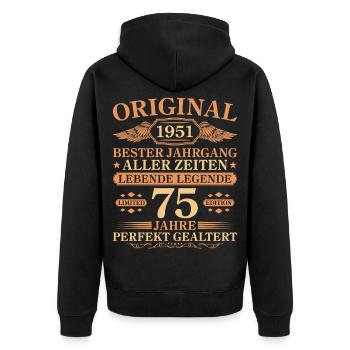 1951 Jahrgang Perfekt Gealtert 75. Geburtstag - Unisex Premium Bio Zip Hoodie - Schwarz - Hinten - Nico (187cm)