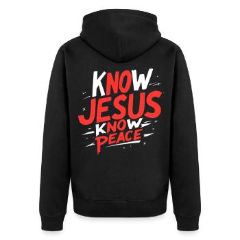 Know Jesus, know peace - Unisex Premium Organic Zip Hoodie - black - Back - Nico (187cm)