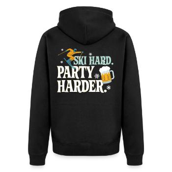 Ski Hard Party Harder Après Ski Spruch - Unisex Premium Bio Zip Hoodie - Schwarz - Hinten - Nico (187cm)