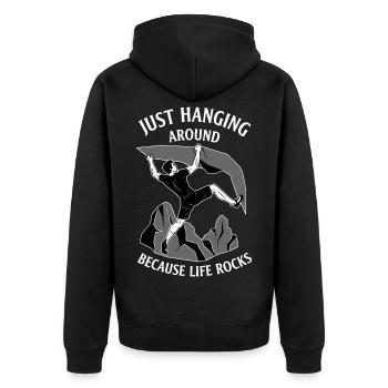 Ich hänge einfach herum, weil das Leben beim Klettern rockt - Unisex Premium Bio Zip Hoodie - Schwarz - Hinten - Nico (187cm)