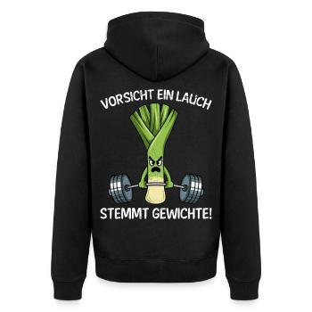 Weightlifters BEWARE OF A LEEK LIFTS WEIGHTS - Unisex Premium Organic Zip Hoodie - black - Back - Nico (187cm)