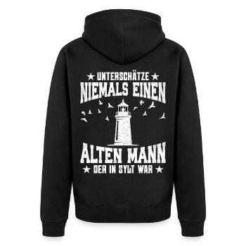 NEVER UNDERESTIMATE AN OLD MAN - Unisex Premium Organic Zip Hoodie - black - Back - Nico (187cm)