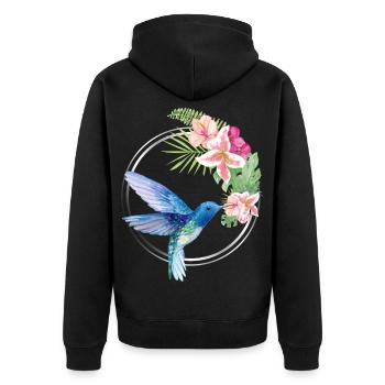 Azure Hummingbird Floral Circle - Unisex Premium Bio Zip Hoodie - Schwarz - Hinten - Nico (187cm)