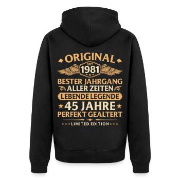 Anniversaire né en 1981 - 45 ans - Veste à capuche bio Premium Unisexe - noir - Dos - Nico (187cm)