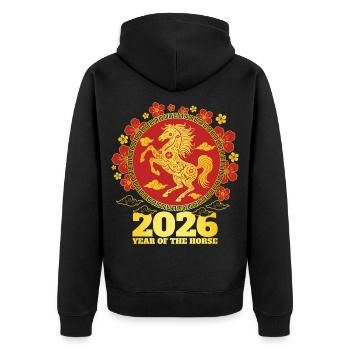 2026 Year Of Horse Zodiac Chinese New Year - Unisex Premium Organic Zip Hoodie - black - Back - Nico (187cm)