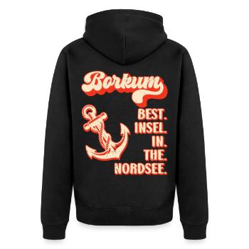 Nordsee BORKUM BEST INSEL IN THE NORDSEE Lustig - Unisex Premium Bio Zip Hoodie - Schwarz - Hinten - Nico (187cm)