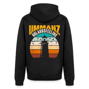 Ostsee Urlaub UMMANZ URLAUBSFEELING Lustig - Unisex Premium Bio Zip Hoodie - Schwarz - Hinten - Nico (187cm)