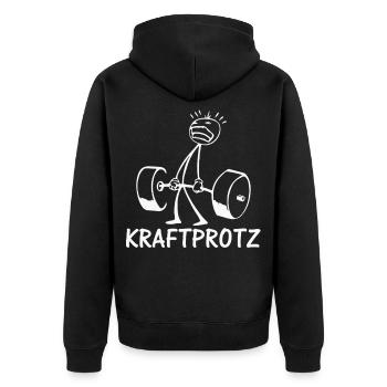 Strichmännchen KRAFTPROTZ Lustiges - Unisex Premium Bio Zip Hoodie - Schwarz - Hinten - Nico (187cm)