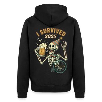 Ich habe Silvester 2025 überlebt – Spaßskelett 2026 - Unisex Premium Bio Zip Hoodie - Schwarz - Hinten - Nico (187cm)