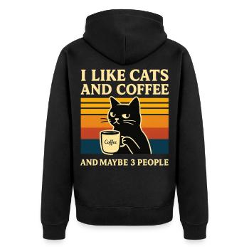 Retro Humor Ich mag Katzen & Kaffee Stubentiger - Unisex Premium Bio Zip Hoodie - Schwarz - Hinten - Nico (187cm)