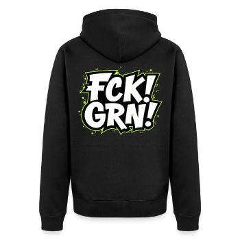 FCK GRN Statement Schriftzug - Unisex Premium Bio Zip Hoodie - Schwarz - Hinten - Nico (187cm)