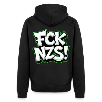 FCK NZS Statement against Racism - Unisex Premium Organic Zip Hoodie - black - Back - Nico (187cm)