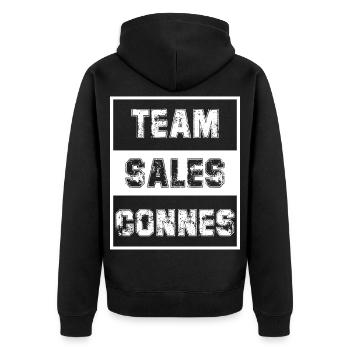 Team Sales Connes -  Polémique  Brigitte  - Veste à capuche bio Premium Unisexe - noir - Dos - Nico (187cm)