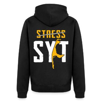 Sylter STRESS SYLT Nordsee Urlaub Lustiges - Unisex Premium Bio Zip Hoodie - Schwarz - Hinten - Nico (187cm)