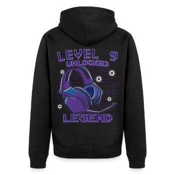 Level 9 Unlocked Kopfhörer Neon - Unisex Premium Bio Zip Hoodie - Schwarz - Hinten - Nico (187cm)