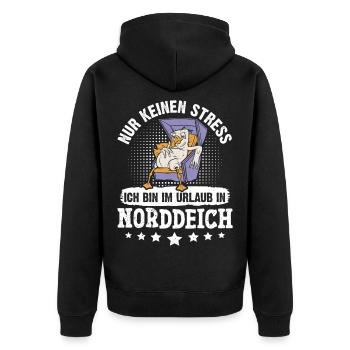 Nordsee NUR KEIN STRESS BIN IM URLAUB IN - Unisex Premium Bio Zip Hoodie - Schwarz - Hinten - Nico (187cm)