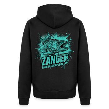 Zander Angler: Der Raubfisch-Jäger - Unisex Premium Bio Zip Hoodie - Schwarz - Hinten - Nico (187cm)