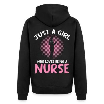 Just a Girl Nurse – Pink Halftone - Unisex Premium Bio Zip Hoodie - Schwarz - Hinten - Nico (187cm)