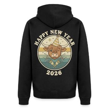 Highland Cow Silvester 2026 Lustiges Partyhut - Unisex Premium Bio Zip Hoodie - Schwarz - Hinten - Nico (187cm)