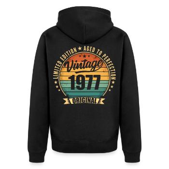 Limitierte Jubiläumsausgabe von 1977 - Unisex Premium Bio Zip Hoodie - Schwarz - Hinten - Nico (187cm)