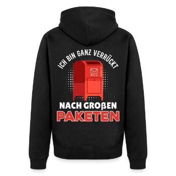 Briefträger BIN GANZ VERRÜCKT NACH GROßEN PAKETEN - Unisex Premium Bio Zip Hoodie - Schwarz - Hinten - Nico (187cm)