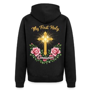 Erste Heilige Kommunion Kreuzstrahl - Unisex Premium Bio Zip Hoodie - Schwarz - Hinten - Nico (187cm)