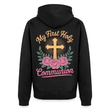 Erste Heilige Kommunion Kreuz Rosen - Unisex Premium Bio Zip Hoodie - Schwarz - Hinten - Nico (187cm)