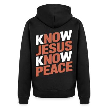 Know Jesus Know Peace - Unisex Premium Bio Zip Hoodie - Schwarz - Hinten - Nico (187cm)