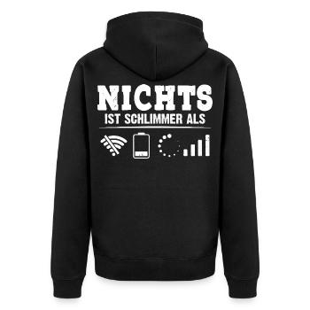 Coder NICHTS IST SCHLIMMER ALS LUSTIG - Unisex Premium Bio Zip Hoodie - Schwarz - Hinten - Nico (187cm)