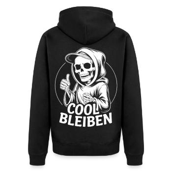Skelett Daumen Hoch – Cool Bleiben - Unisex Premium Bio Zip Hoodie - Schwarz - Hinten - Nico (187cm)