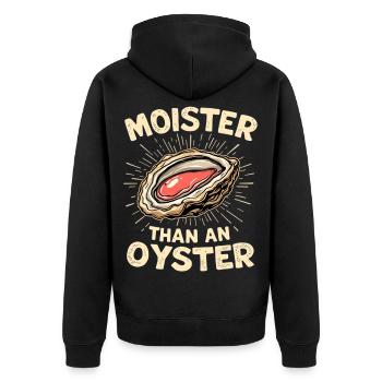 Feucht wie eine Auster – Wortwitz - Unisex Premium Bio Zip Hoodie - Schwarz - Hinten - Nico (187cm)