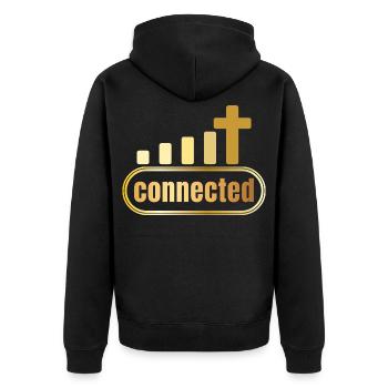 Connected - Kreuz - gold - christlich - Unisex Premium Bio Zip Hoodie - Schwarz - Hinten - Nico (187cm)