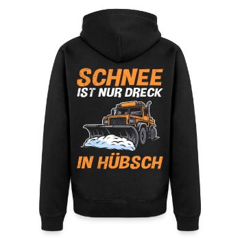 Schneeräumer SCHNEE IST NUR DRECK IN HÜBSCH - Unisex Premium Bio Zip Hoodie - Schwarz - Hinten - Nico (187cm)