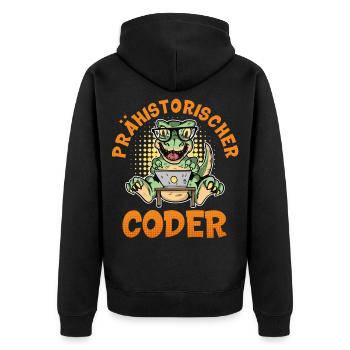 Coding PRÄHISTORISCHER CODER Lustiges - Unisex Premium Bio Zip Hoodie - Schwarz - Hinten - Nico (187cm)
