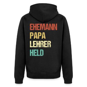 Ehemann Papa Lehrer Held Geschenk Shirt - Unisex Premium Bio Zip Hoodie - Schwarz - Hinten - Nico (187cm)