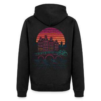 Nachtsonne über Amsterdamer Kanäle - Unisex Premium Bio Zip Hoodie - Schwarz - Hinten - Nico (187cm)